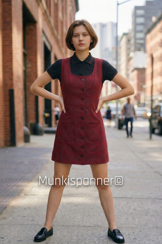 Vintage Munkispanner Original -  Cherry Red and Black POW check pinafore