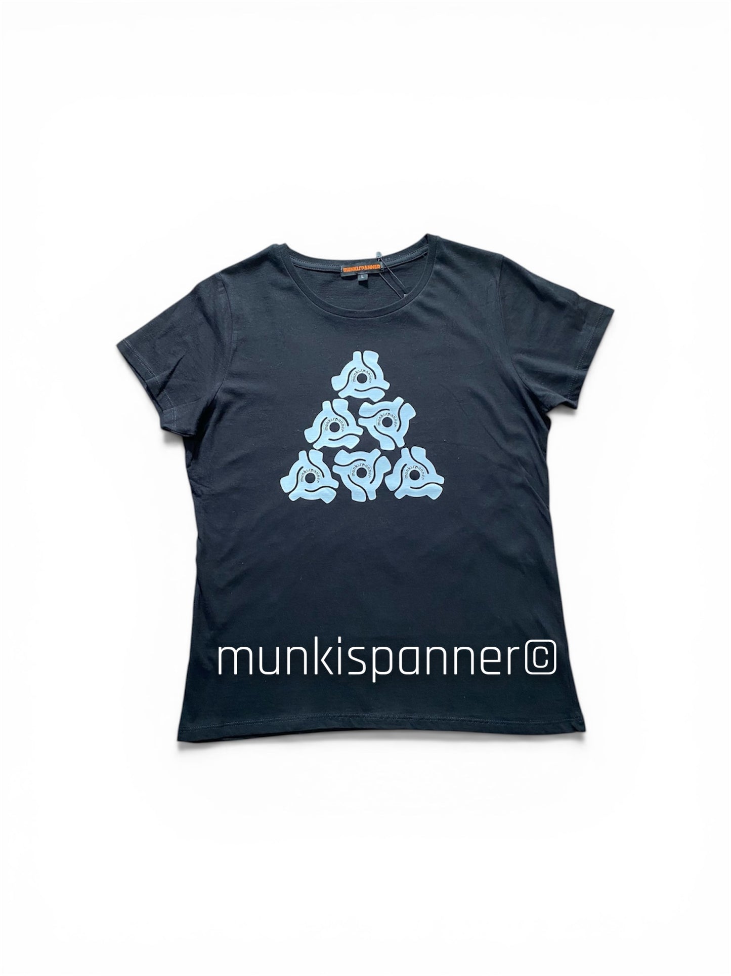 Munkispanner Ladies Black and White 45rpm Adapter T-shirt Size L