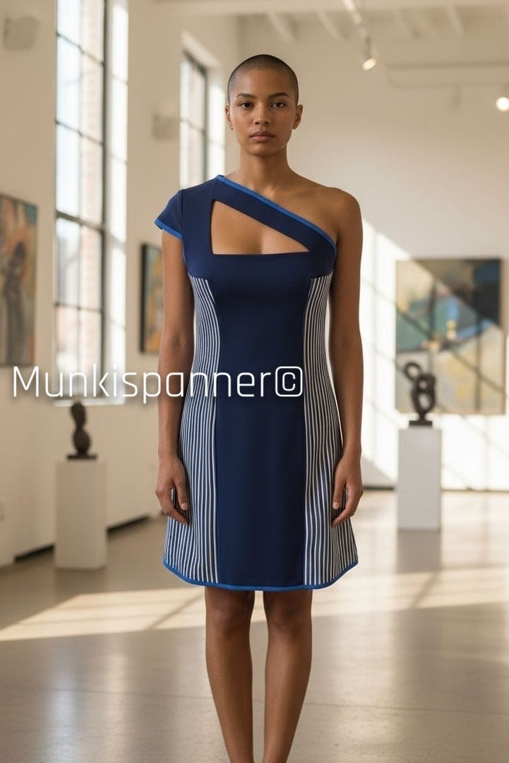 Sample Sale: Munkispanner Original - One Shoulder Navy Stripe Dress