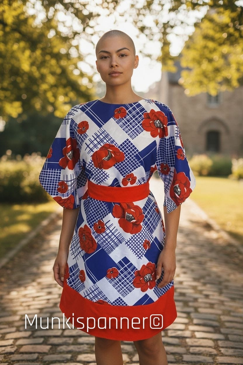 Munkispanner Revamped Vintage - Blue, Red and White Rose Flared Sleeve Dress